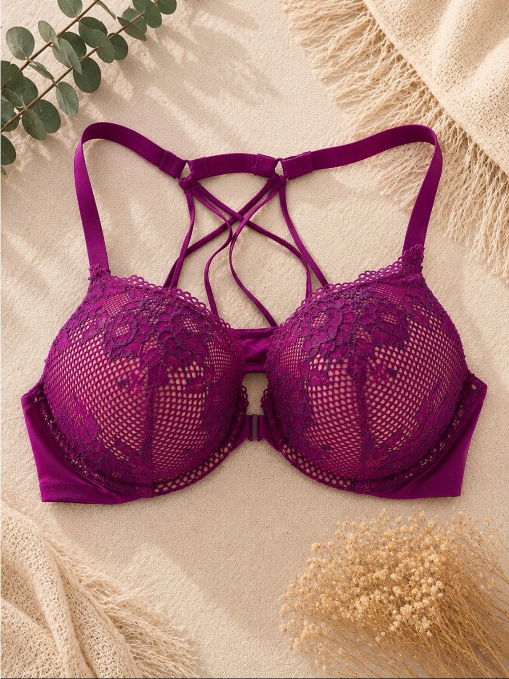 Ambrielle Lace Strappy Push-Up Bra - Purple
